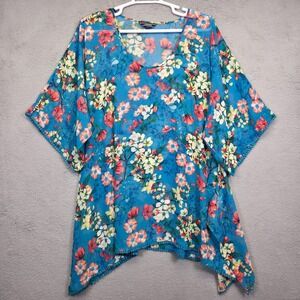 Lands End Top Womens XL Blue Floral Boho Chiffon Flowy See Thru‎ Coverup Beach